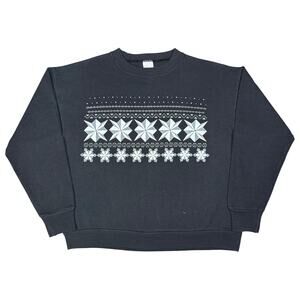 Vintage Geometric Snowflake Pattern Black Crewneck Sweatshirt USA Sz Large